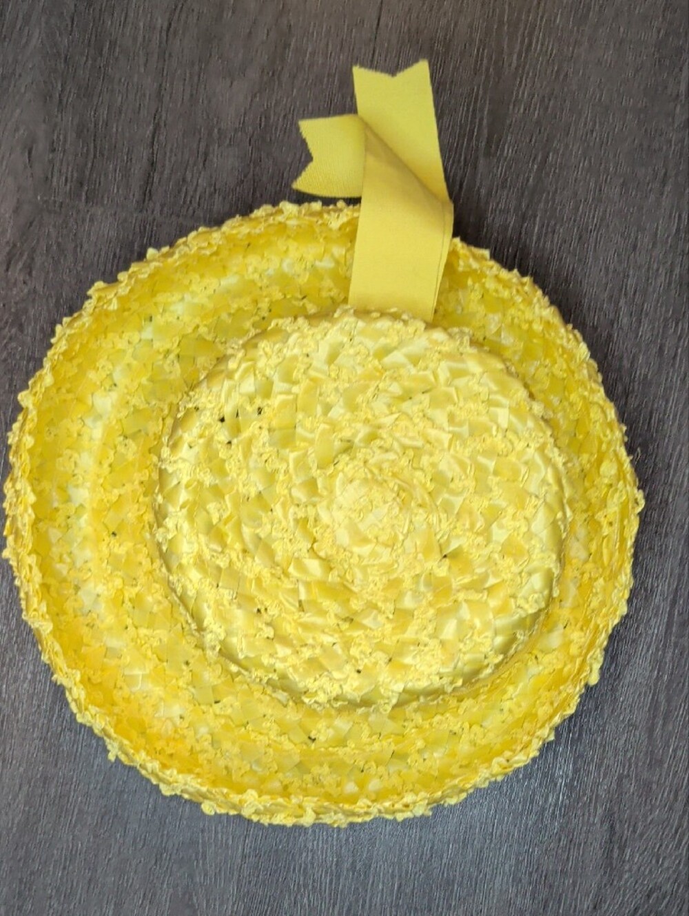 Vintage 50s Yellow Woven Straw Hat Grosgrain Ribbon Union Made SZ 21" - Picture 7 of 11